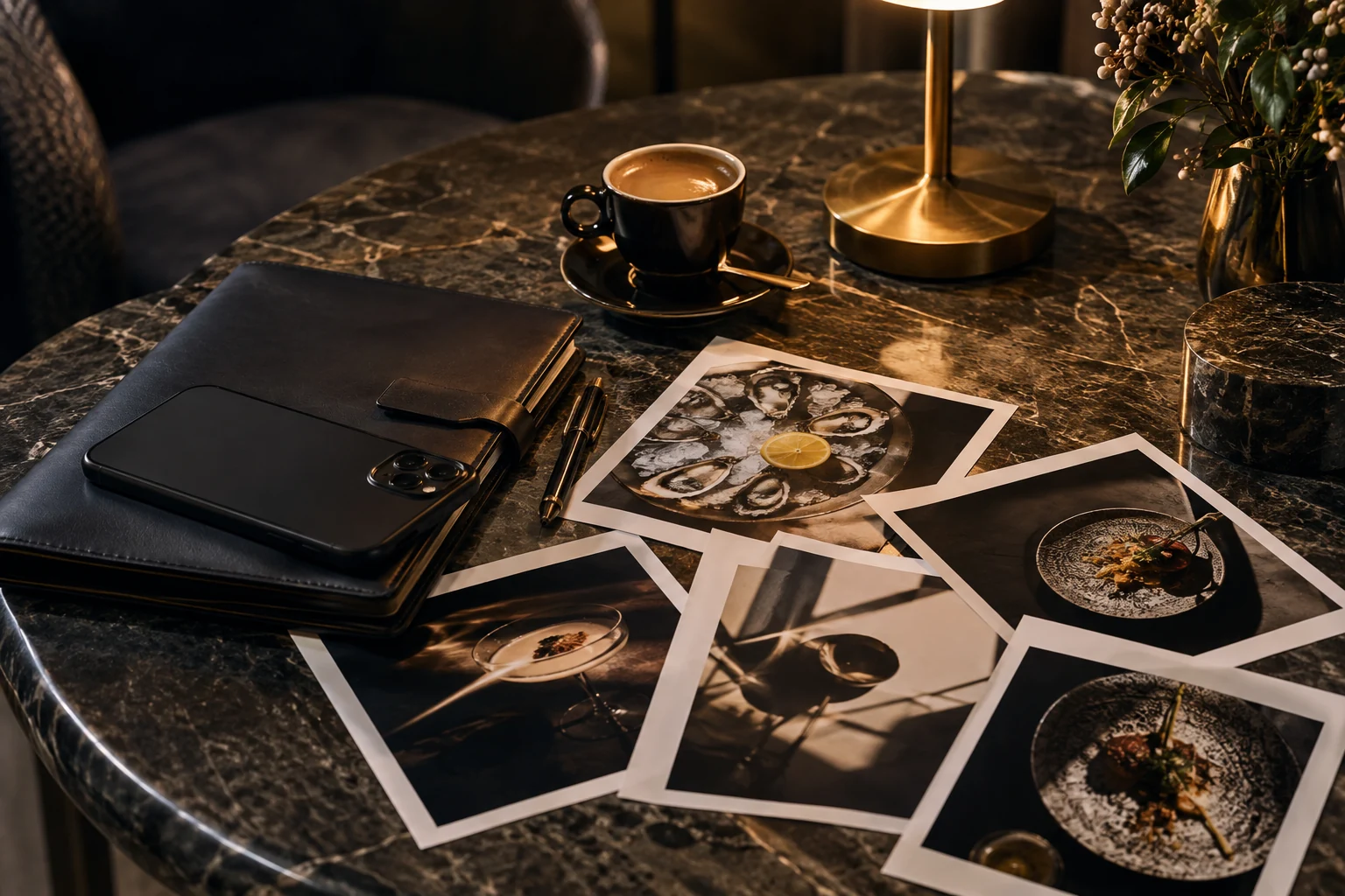 Premium hospitality content planning still life with smartphone turned screen-down