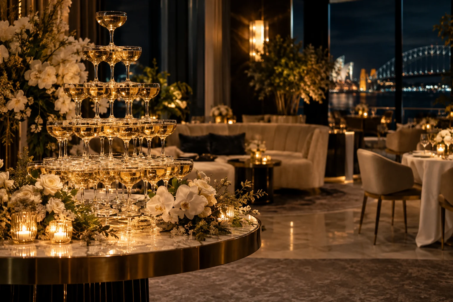 Premium restaurant launch reception with a champagne tower in foreground