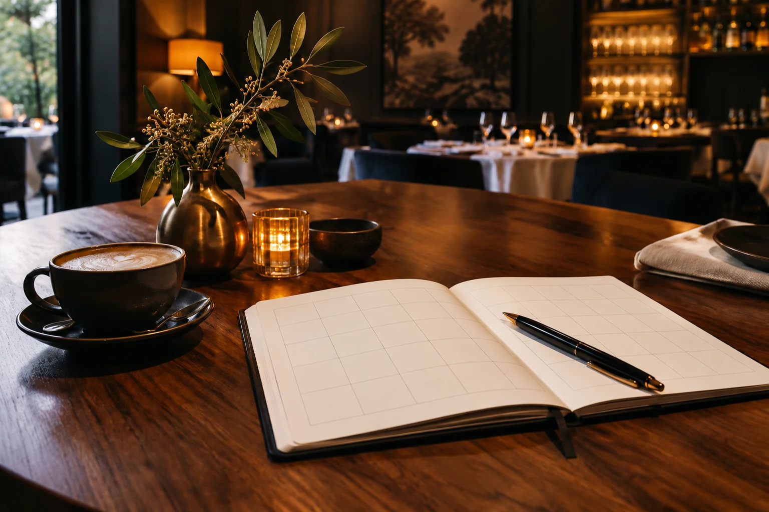 Open cream editorial planning notebook with empty grid lines