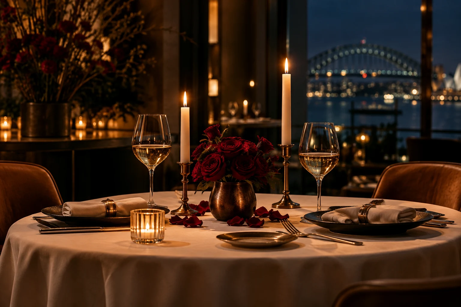 Refined romantic table for two with burgundy roses