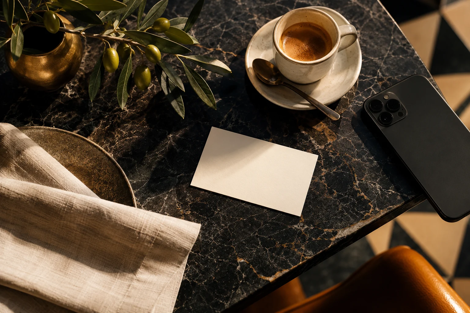Top-down hospitality branding still life with a plain cream business card